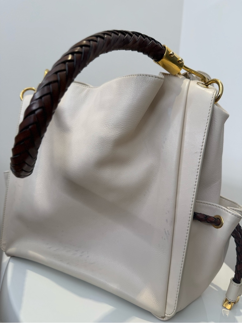 Michael Kors Cream Leather Shoulder Bag with Braided Brown Handle